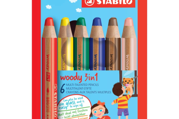 Matite colorate Stabilo Woody 3 in 1 punta larga - colori assortiti astuccio di cartone da 6 pezzi + temperino 8806-2