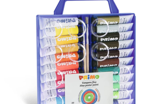 Tempere 12 ml - valigetta di plastica con coperchio tavolozza - 22 tubetti + 2 penelli Primo assortiti - 449T22VA